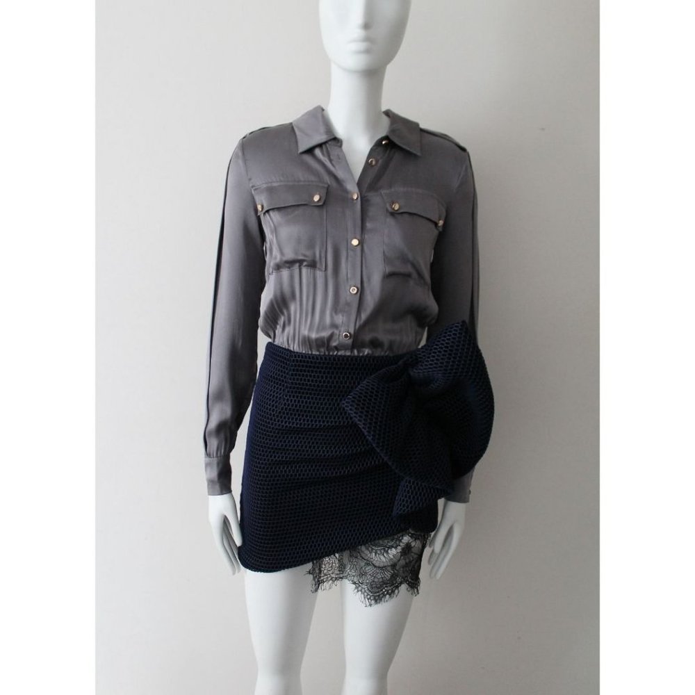 Self Portrait Silk Button Down Shirt Tulle Dress Size 0 Grey Blue Authentic - Picture 2 of 9
